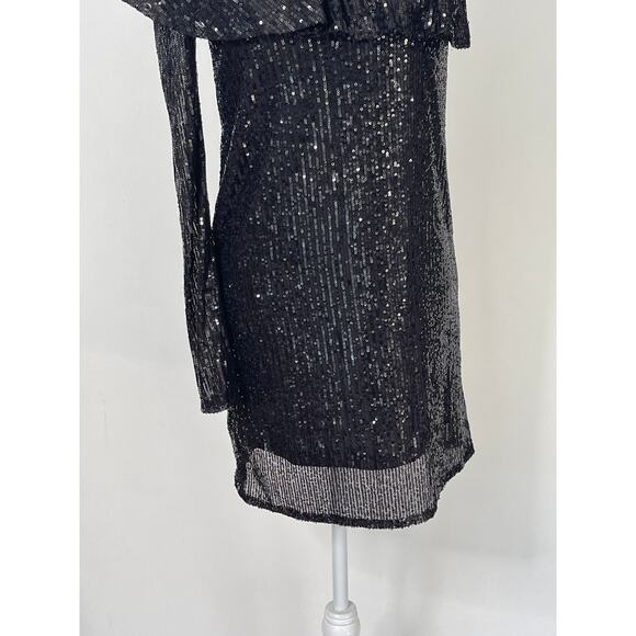 Nasty Gal One Shoulder Long Sleeve Black Sequin Mini Dress Size Large New - Picture 7 of 9